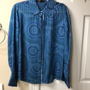 Robert Graham Geometric Blue Silk Long Sleeve Top